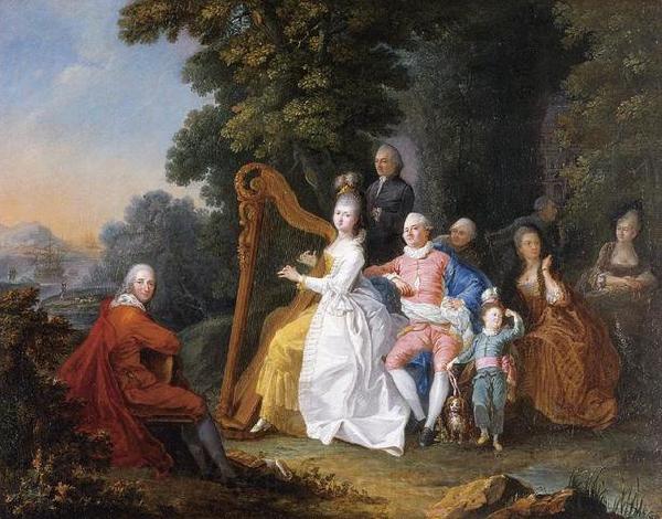 unknow artist An elegant party in the countryside with a lady playing the harp and a gentleman playing the guitar Germany oil painting art